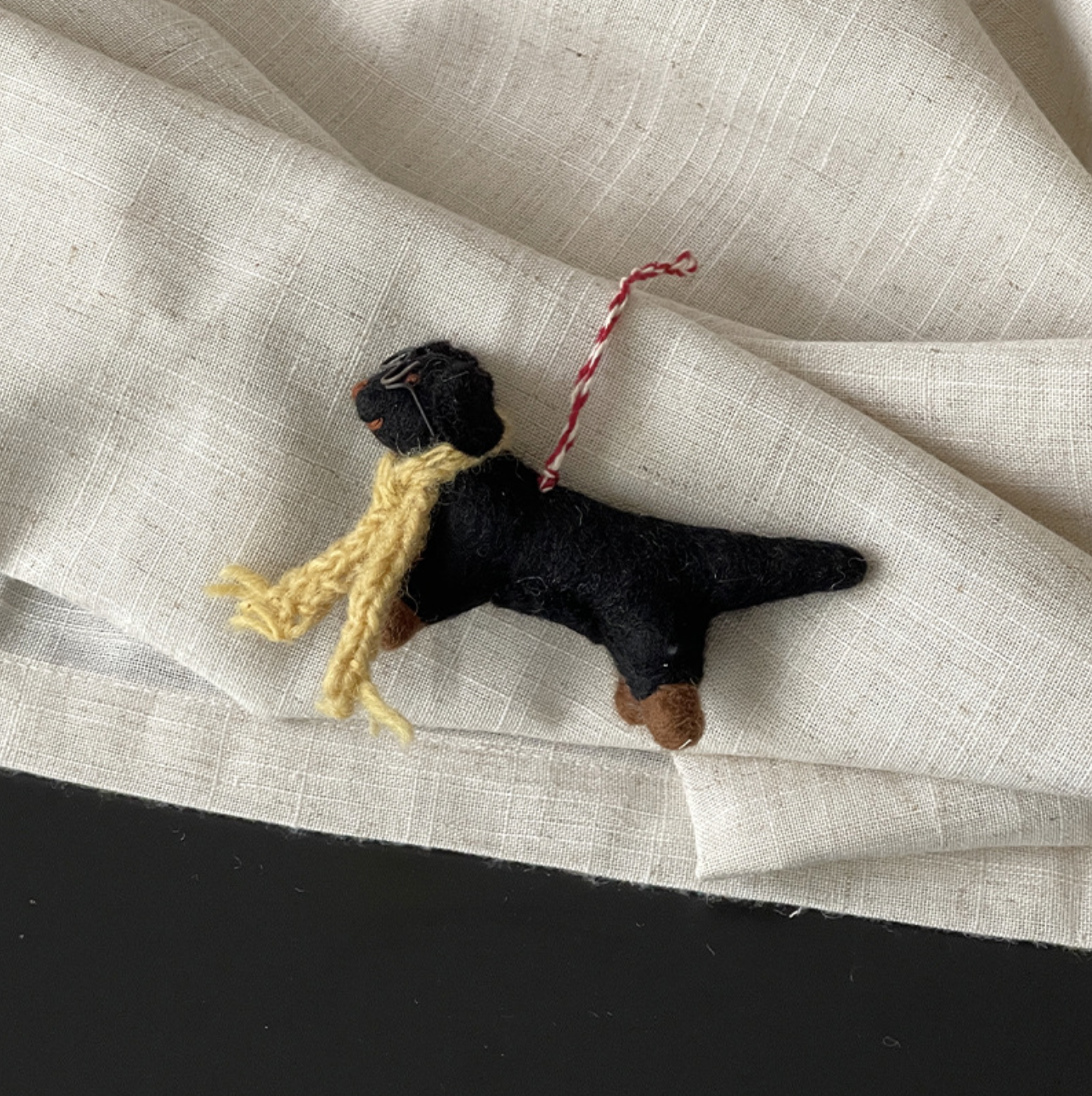 Dachshund with Yellow Scarf Wool Felt Pendant