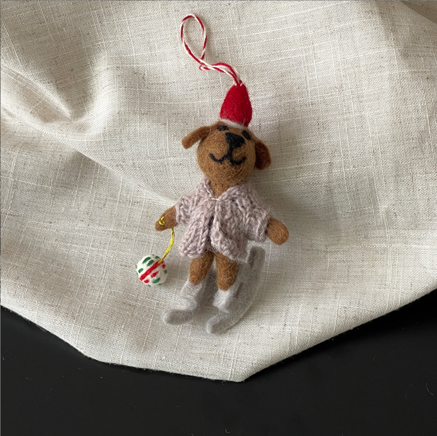 Ice Skating Dog in Purple Sweater Wool Felt Pendant