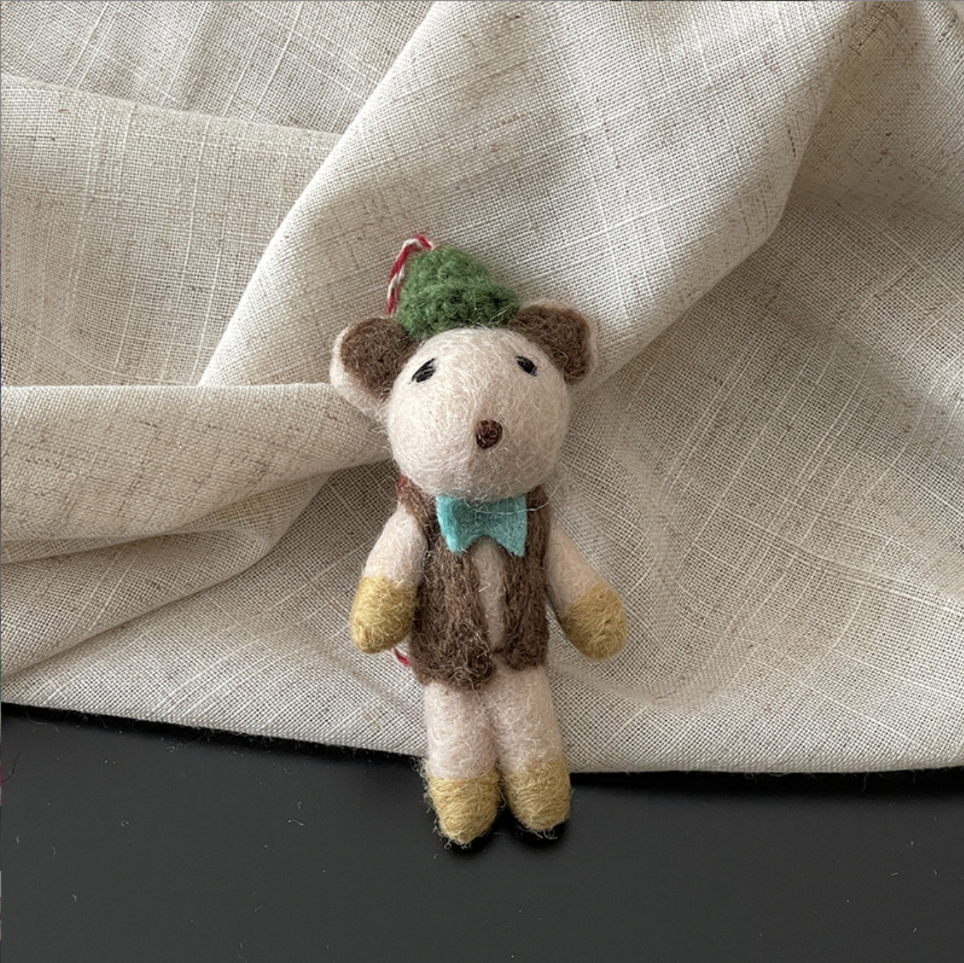 Green Hat Mouse Wool Felt Pendant