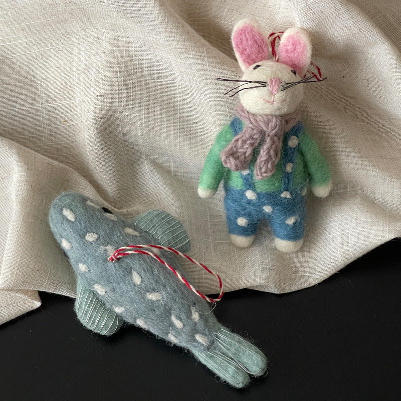 Bunny in Overalls and Scarf Wool Felt Pendant