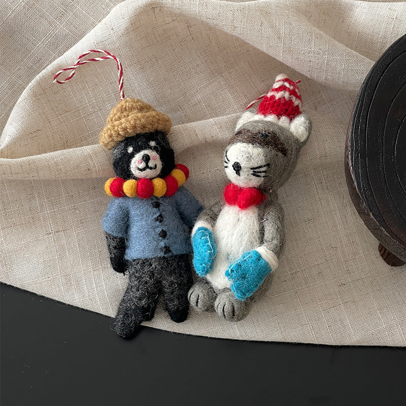 Black Bear with Straw Hat Wool Felt Pendant
