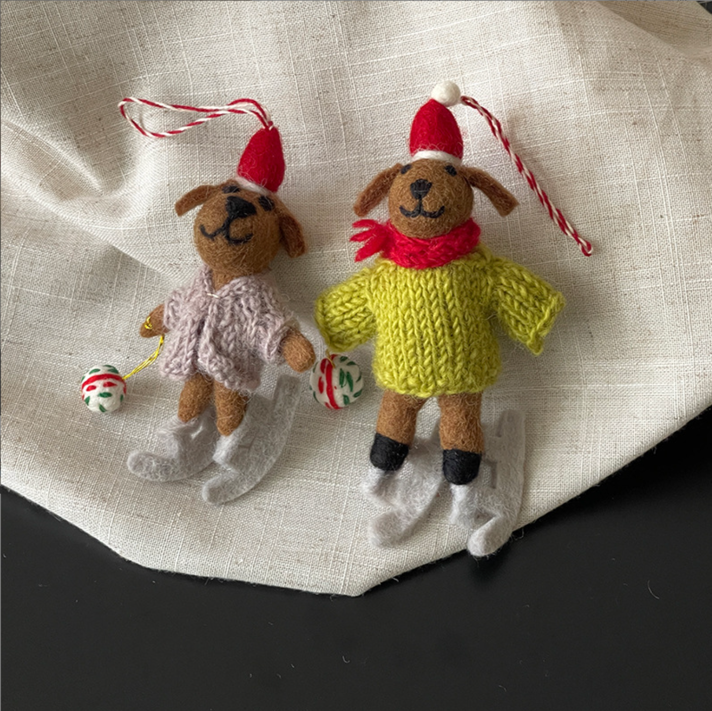 Ice Skating Dog in Green Sweater Wool Felt Pendant