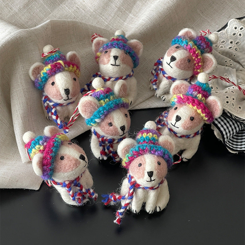 Puppy with Yarn Hat Wool Felt Pendant