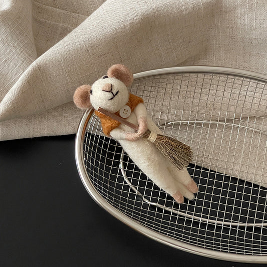 Mouse with Broom Wool Felt Pendant