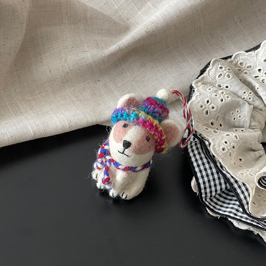 Puppy with Yarn Hat Wool Felt Pendant