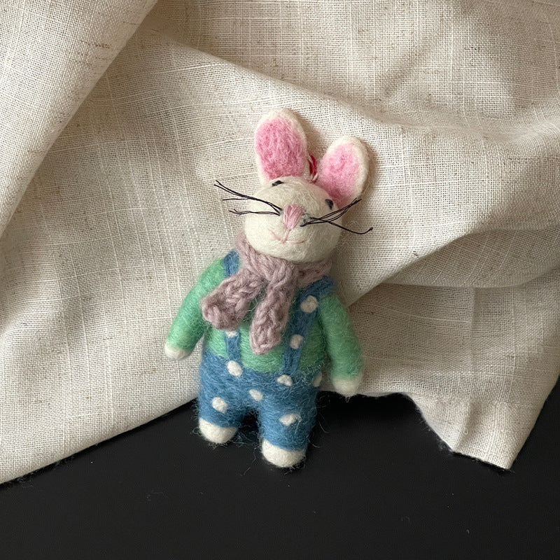 Bunny in Overalls and Scarf Wool Felt Pendant