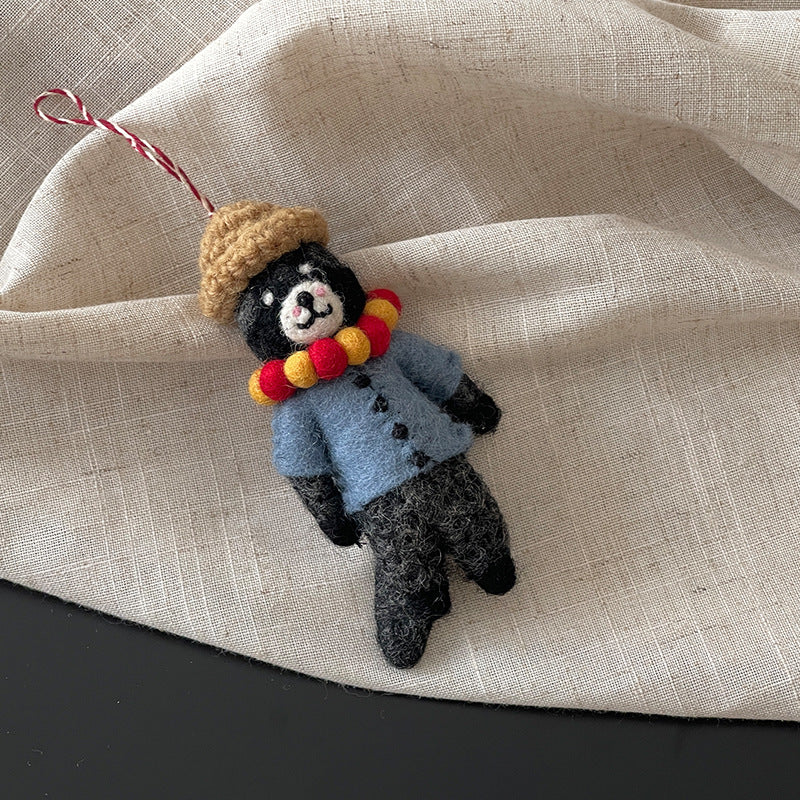 Black Bear with Straw Hat Wool Felt Pendant