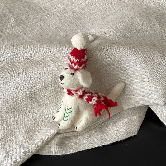 Christmas Puppy Wool Felt Pendant – Red Hat & Scarf Edition