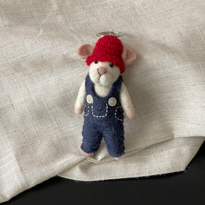 Red Hat & Overalls Mouse Wool Felt Pendant