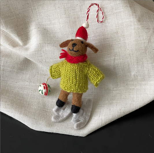 Ice Skating Dog in Green Sweater Wool Felt Pendant