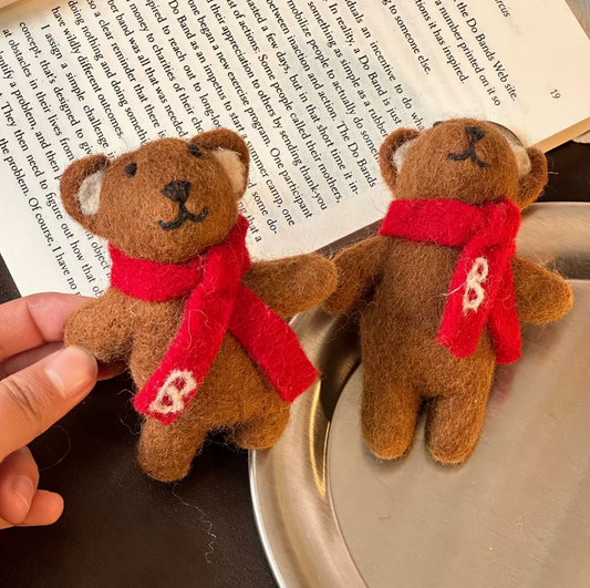 Brown Bear with Red Scarf Wool Felt Pendant