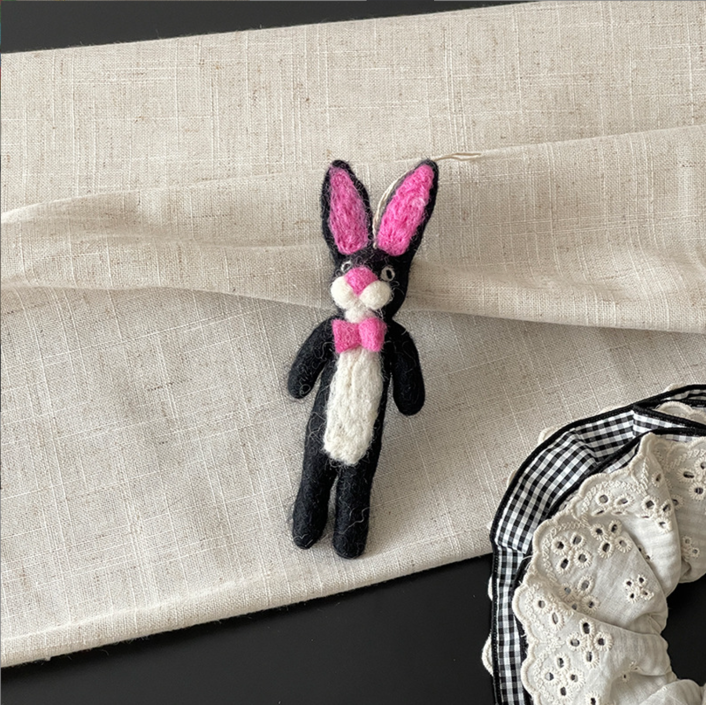 Black and Pink Bunny Wool Felt Pendant
