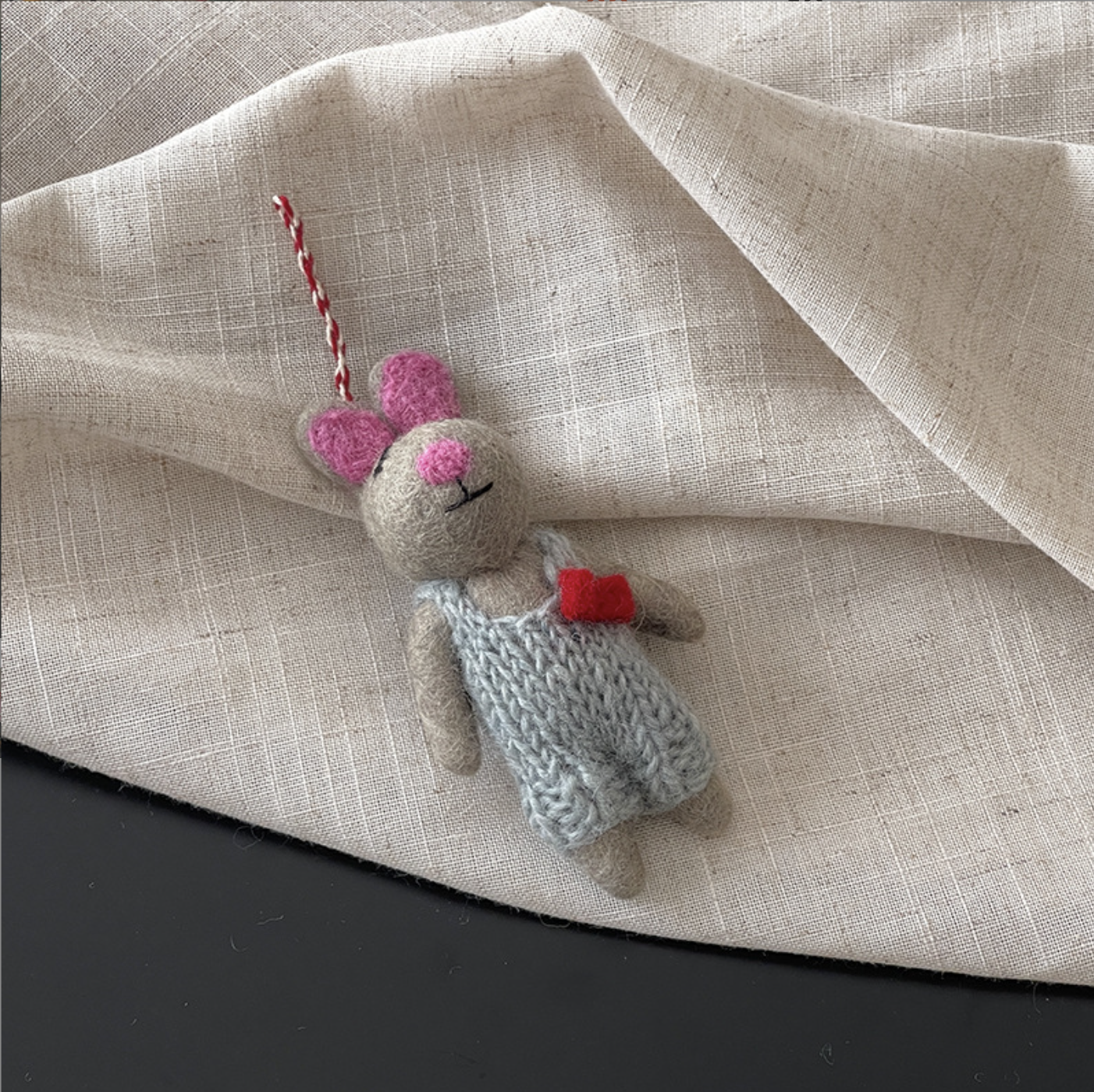 Gray Bunny in Blue Sweater Wool Felt Pendant