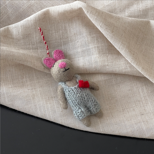 Gray Bunny in Blue Sweater Wool Felt Pendant