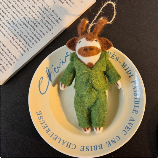 Bull in Green Outfit Wool Felt Pendant