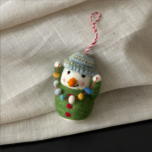 Snowman with String Lights Wool Felt Pendant