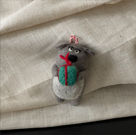 Gift-Hugging Gray Bear Wool Felt Pendant
